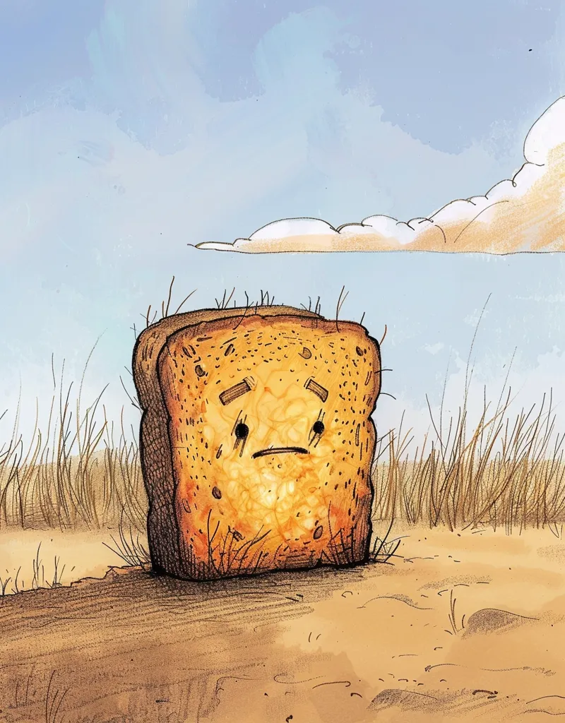 This image shows a piece of sad toast in the middle of a desert. The toast is brown and has a sad face. It is surrounded by sand and there is a single cloud in the sky.