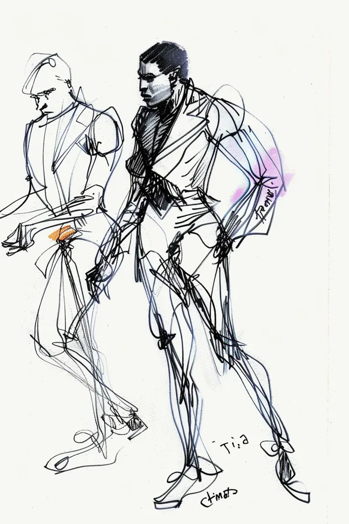 The image is a fashion sketch of two models. The models are wearing black suits. The sketch is done in black ink with light grey shading. The image is drawn in a loose, sketchy style.