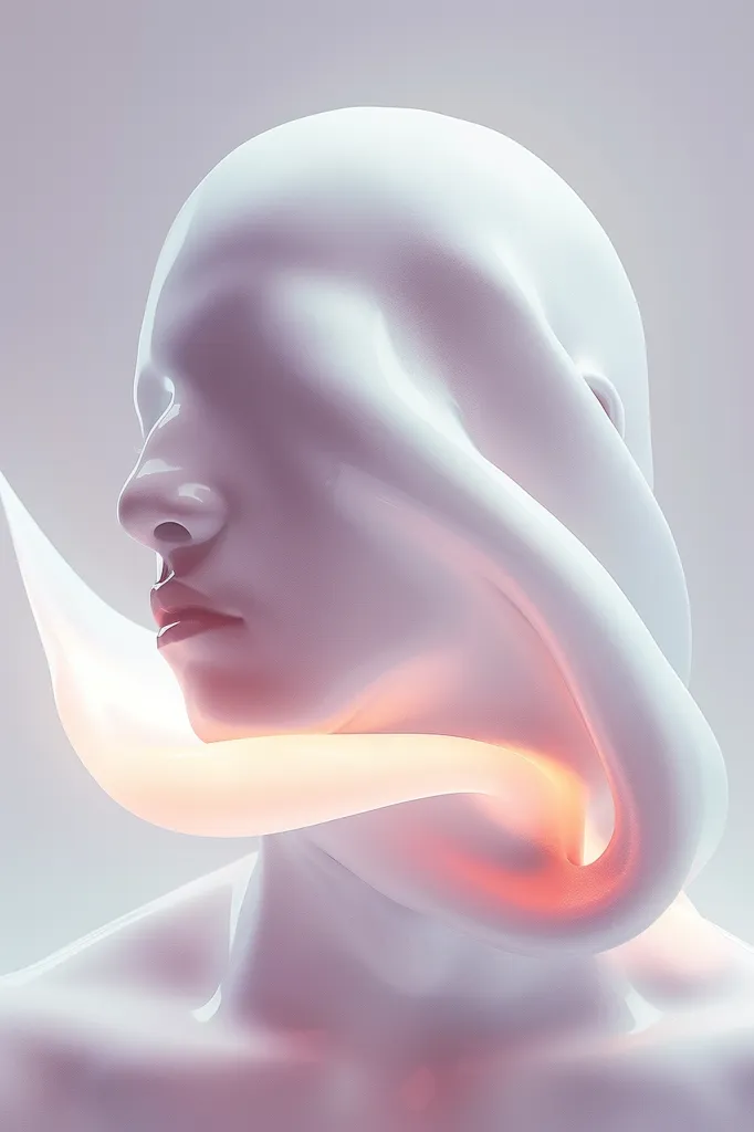 The image is a 3D rendering of a human head. The head is bald and featureless, with a smooth, even surface. The head is surrounded by a white, flowing substance that seems to be made of liquid. The substance is illuminated by a bright light, which is positioned in front of the head. The image is very surreal and dreamlike, and it is not clear what the artist is trying to convey.