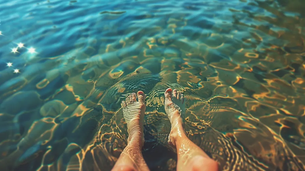A person's feet are dangling in the crystal clear water. The sun is shining through the water and making the person's feet look like they are glowing. The water is a beautiful blue-green color and the sun is making it sparkle. The person is relaxed and enjoying the warm weather.