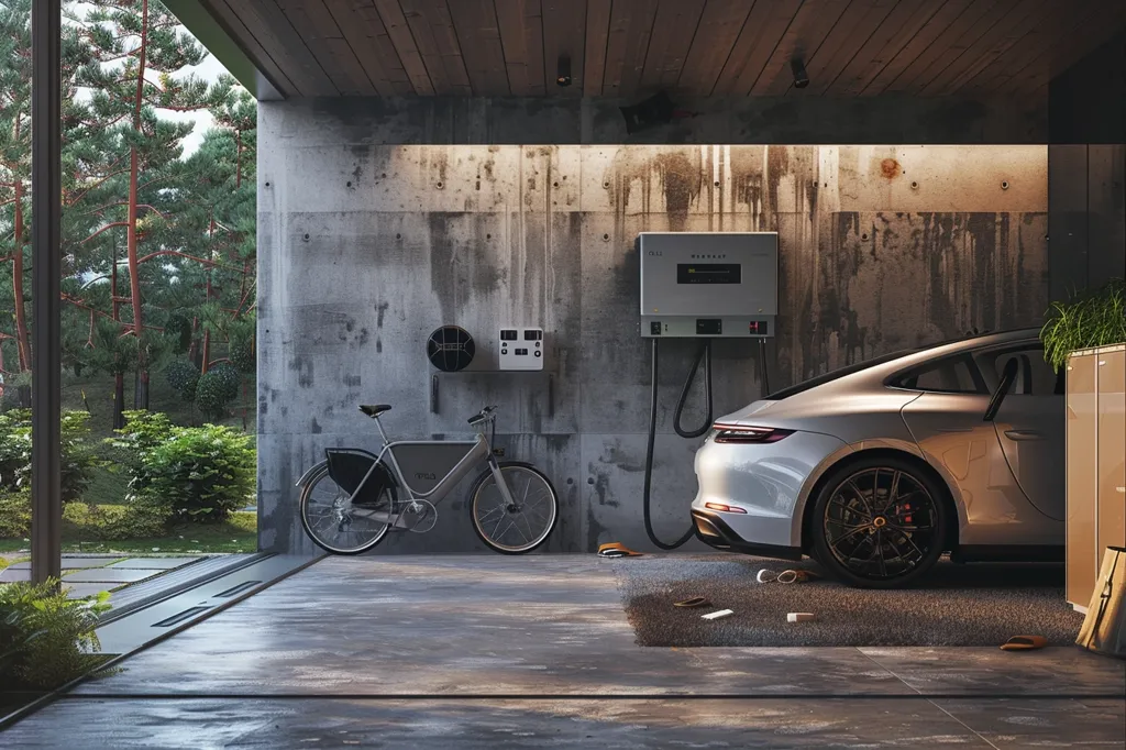 The image shows a modern garage with a white Porsche car and a bicycle parked inside. The garage has a concrete wall with two small windows and a large glass door. There is a forest of pine trees outside the house. The garage is very clean and tidy.