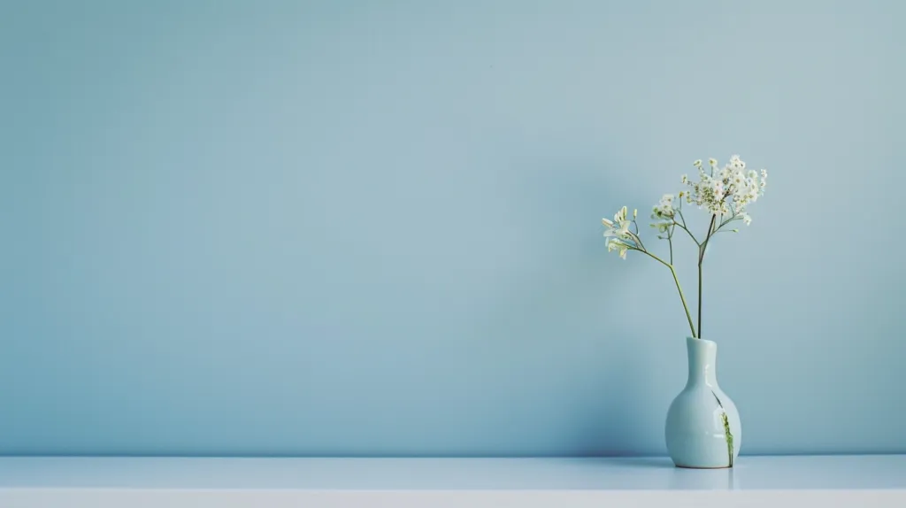 The image is a still life of a blue vase with white flowers on a white table against a blue background. The vase is in the center of the frame and the flowers are facing the viewer. The image is simple and elegant, and the colors are calming and soothing.