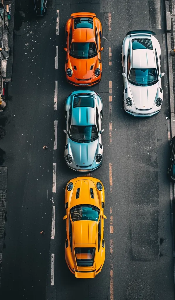 The image shows four Porsche cars parked on an asphalt road. The cars are all the same model, but different colors. The cars are parked in a row, with the front of one car aligned with the back of the car in front of it. The cars are all clean and shiny, and the sun is reflecting off of their paint. The background of the image is a blurred out cityscape.