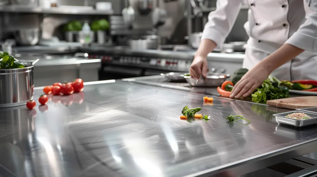 A chef is preparing some vegetables in a commercial kitchen. He is wearing a white chef's coat and hat. He is using a knife to cut some carrots and broccoli. There are also some tomatoes and parsley on the table. The chef is focused on his work. He has a serious expression on his face. He is wearing gloves to protect his hands.