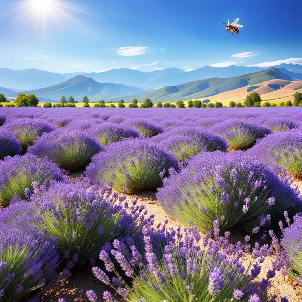 The image shows a field of lavender in bloom. The lavender is a beautiful purple color, and it is in full bloom. There is a bee flying over the lavender. The sun is shining brightly, and there are mountains in the background. The image is very calming and peaceful.