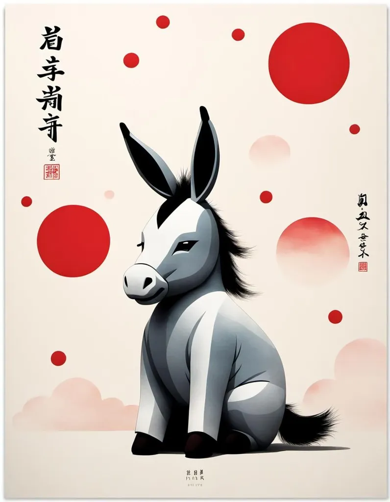 The image is a cartoon donkey. It has a gray body, a black mane, and red dots around it. The background is white with a gradient to pink at the bottom. There is a Chinese symbol in the upper left corner and a red stamp in the lower right corner.