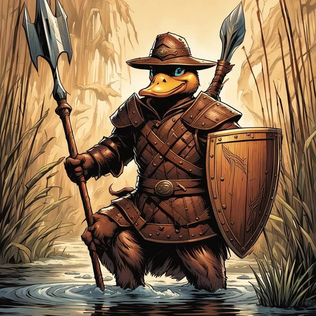 This image is of a duck wearing a suit of armor and carrying a shield and spear. The duck is standing in a swamp, and is surrounded by tall grass and trees. The duck is looking to the left, and appears to be警戒.