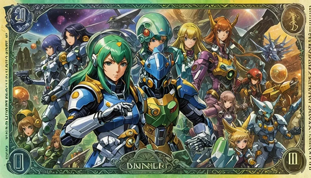 This is an illustration of a group of nine anime characters. They are all wearing futuristic armor and look like they are ready for battle. There are five women and four men. The women are all beautiful, with long hair and slender figures. The men are all handsome, with strong builds and determined expressions. The background of the illustration is a green field, with a blue sky and white clouds. There is a large spaceship in the background, and it looks like the characters are about to board it.