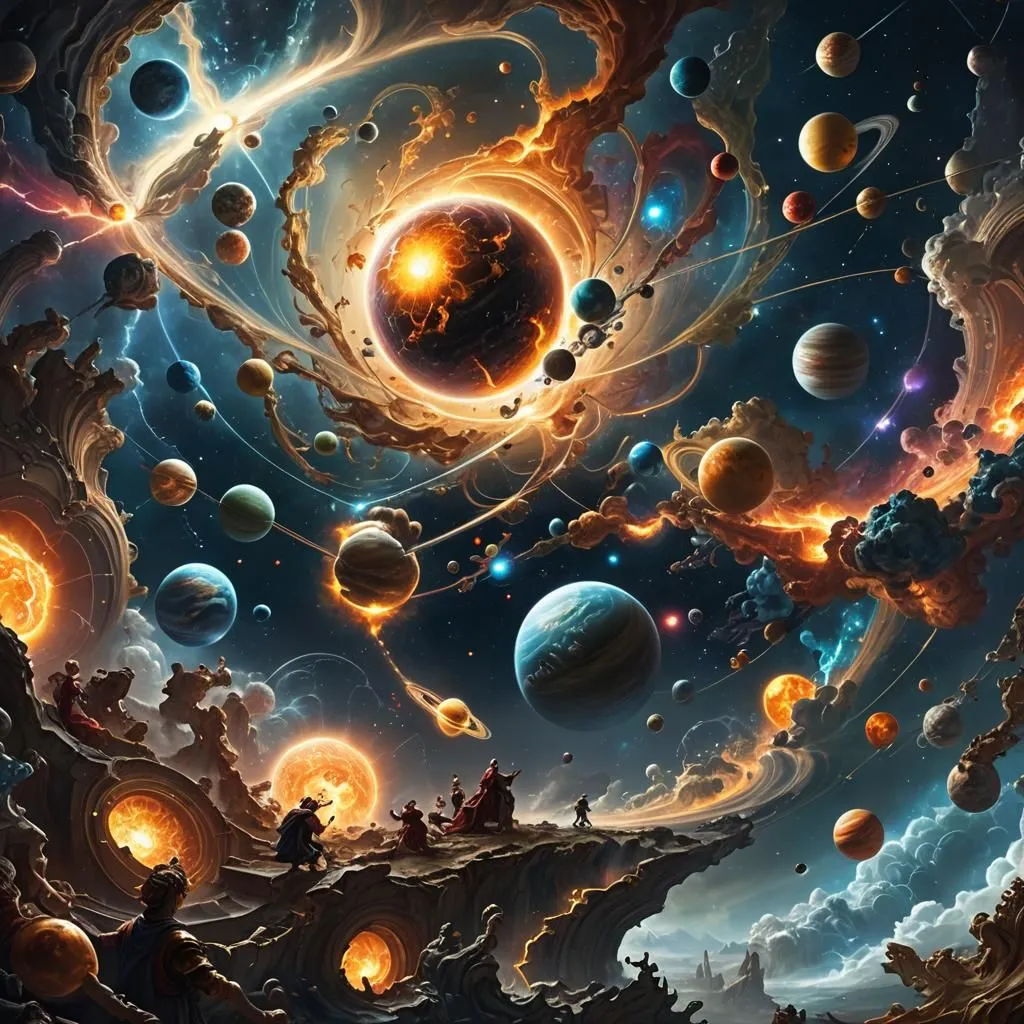 The image is set in a vast and colorful universe. There are many planets, stars, and galaxies. The colors are vibrant and saturated. The image has a sense of wonder and awe. It is both beautiful and thought-provoking.