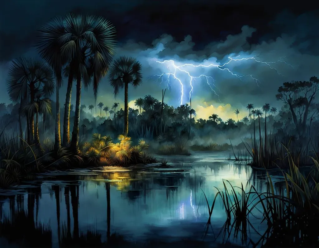 A dark and stormy night in the Florida Everglades. The lightning is flashing and the thunder is crashing. The palm trees are silhouetted against the sky. The water is reflecting the light of the lightning. The scene is one of beauty and power.