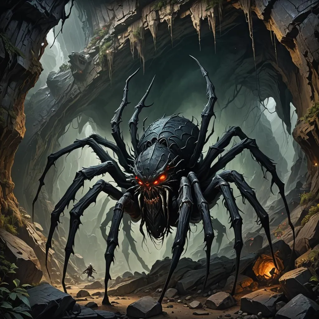 The giant spider is a terrifying creature that can be found in the dark caves of the Underdark. It is a powerful predator that uses its sharp fangs and venomous bite to kill its prey. The spider is also very agile and can quickly climb walls and ceilings. It is a truly fearsome creature that is best avoided if possible.