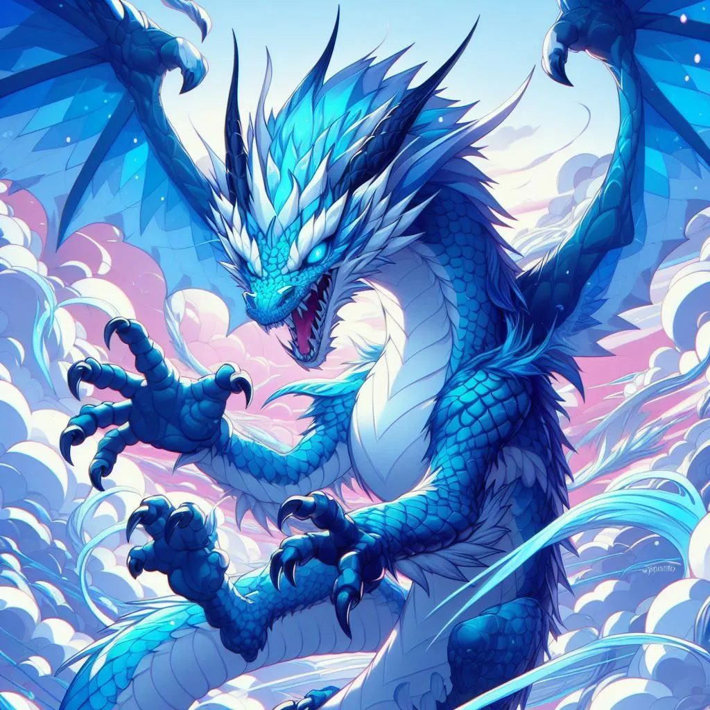 A magnificent azure dragon soars through the heavens, its massive wings outstretched as it glides effortlessly through the air. Its body is covered in shimmering scales that glisten in the sunlight, and its eyes are a deep, piercing blue that seem to see right through you. The dragon's tail is long and sinuous, and it ends in a sharp, barbed tip. Its claws are鋒利的, and its teeth are razor-sharp. This is a creature that is not to be trifled with.