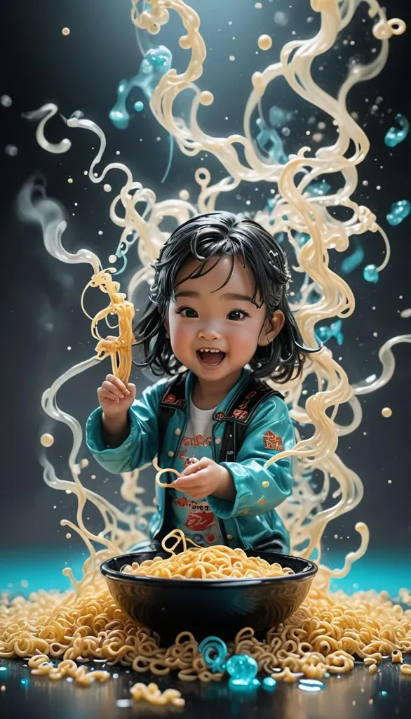 A young girl is sitting in a bowl of noodles. She is smiling and holding a pair of chopsticks. The noodles are splashing out of the bowl and the girl is covered in them. The background is a blue-green color. The girl is wearing a blue jacket and white t-shirt.