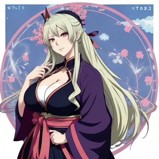 The picture shows a beautiful anime girl with long white hair and red eyes. She is wearing a traditional Japanese kimono with a purple and black gradient and a red obi. The background is a light blue circle with pink cherry blossoms.