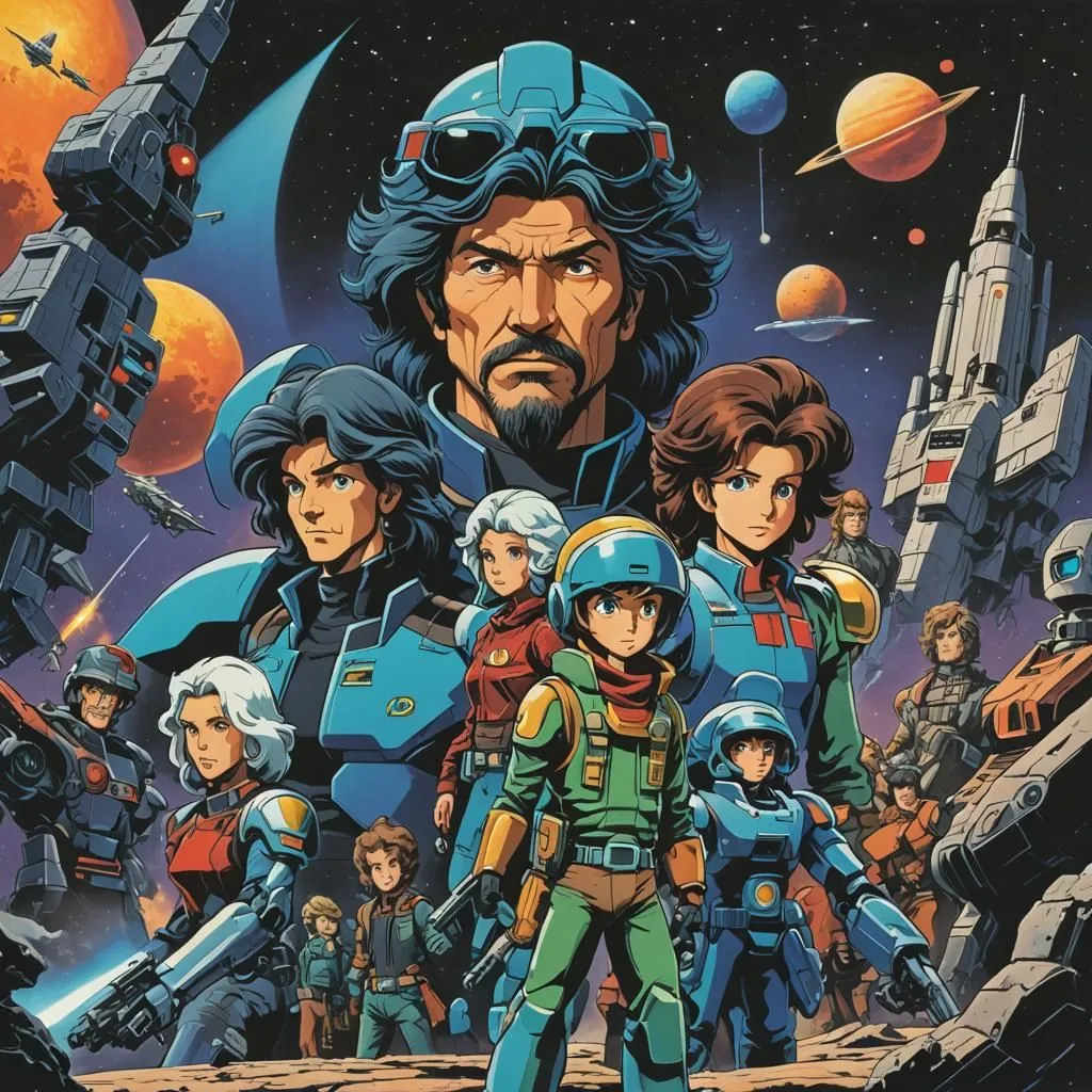 The image is an anime-style illustration of a group of characters from the anime series "The Legend of the Galactic Heroes". The characters are standing in front of a starry background and are all wearing military uniforms. The group is led by a man with long black hair and a beard, who is standing in the center of the image. The other characters are standing on either side of him, and they are all looking at the viewer.