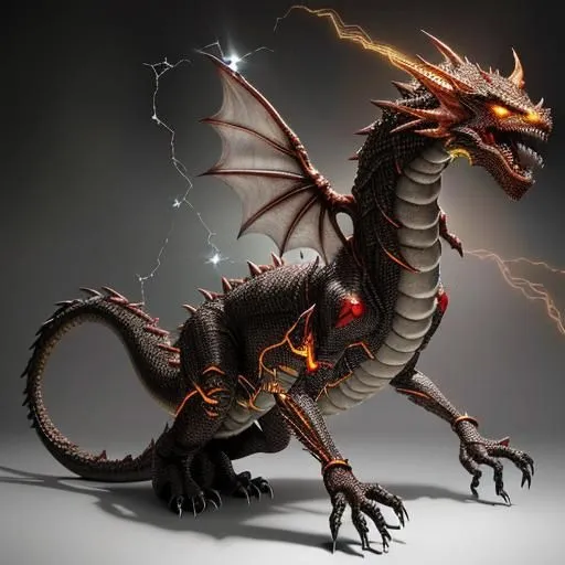 The dragon is a fearsome creature with a long, serpentine body, covered in black scales. It has a pair of large, bat-like wings, and a long, forked tail. The dragon's head is狰狞, with a large, gaping mouth, filled with sharp teeth. Its eyes are a deep, piercing red, and they seem to glow with an inner fire. The dragon is surrounded by a crackling aura of electricity, and its scales seem to be made of living metal.