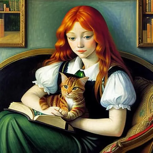 This is a painting of a young woman reading a book. She is sitting in a comfortable chair, with a cat curled up in her lap. The woman has long, red hair and green eyes. She is wearing a simple dress with a white collar. The painting is done in a realistic style, and the artist has captured the woman's expression of concentration as she reads. The cat is sleeping soundly, and its tail is draped over the woman's arm. The painting is a peaceful and温馨的, and it captures a moment of tranquility in the woman's day.