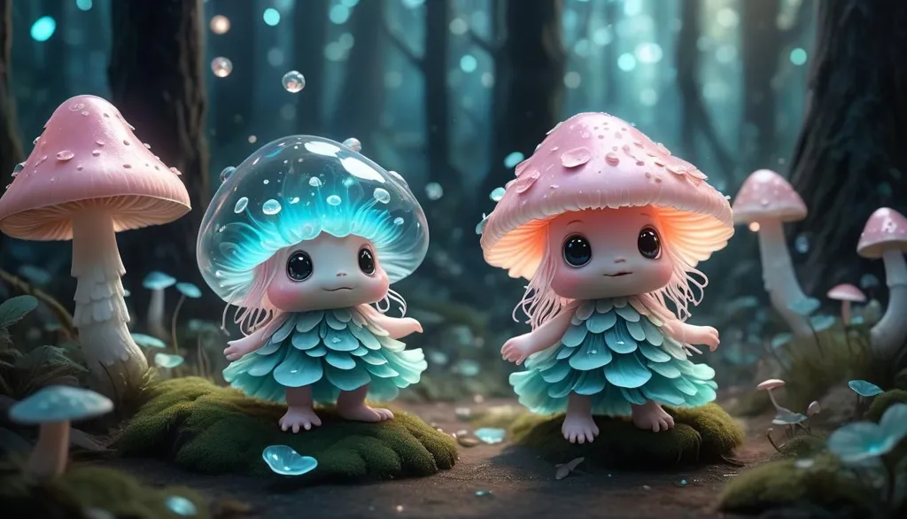 In a magical forest, there live two妖精. They are both very cute and have big, round eyes. Their bodies are covered in soft, fluffy fur, and they have long, flowing hair. The妖精love to play together in the forest, and they often spend their days exploring the woods and discovering new things. One day, the妖精were playing in the forest when they came across a clearing. In the middle of the clearing was a large, pink mushroom. The妖精had never seen a mushroom like it before, and they were both very curious. They decided to go over and take a closer look. As they got closer, they could see that the mushroom was even more beautiful than they had first thought. It was covered in tiny, sparkling crystals, and it glowed with a soft, pink light. The妖精were amazed by the mushroom, and they decided to stay and play in the clearing. They spent the rest of the day playing hide-and-seek around the mushroom, and they had a lot of fun. As the sun started to set, the妖精said goodbye to the mushroom and went back to their homes. They were both very tired, but they were also very happy. They had had a wonderful day playing in the forest, and they had made a new friend.