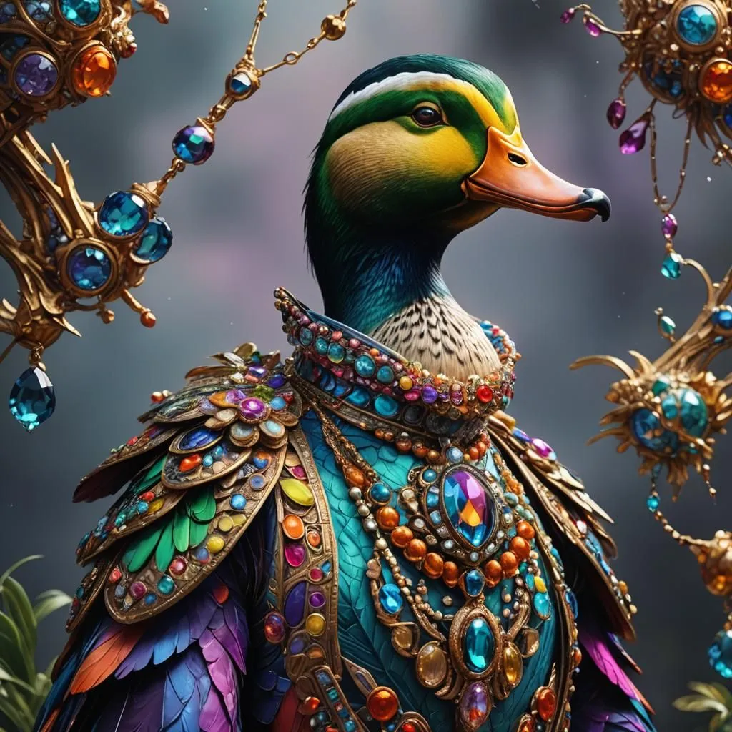 This image depicts an anthropomorphic duck wearing an elaborate and colorful outfit. The duck is standing in front of a dark background and is surrounded by several pieces of jewelry, including a necklace, earrings, and a brooch. The duck's outfit is made up of a variety of materials, including feathers, jewels, and metal. The duck's expression is one of regality and confidence.