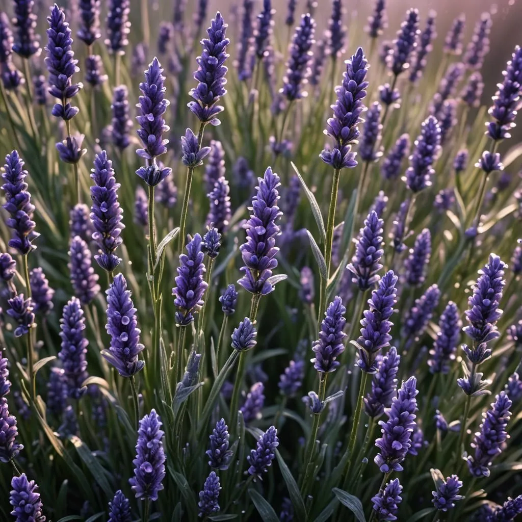 The image shows a field of lavender flowers. The flowers are purple, with long, thin stems and small, delicate petals. The leaves are a deep green color and the flowers are arranged in clusters at the top of the stems. The field is in bloom and the flowers are in full bloom. The sun is shining brightly and the sky is a clear blue. The image is peaceful and relaxing.