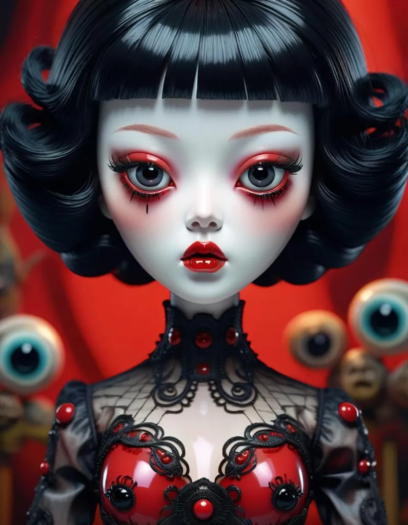 This is a 3D rendering of a porcelain doll with black hair, red lipstick, and blue eyes. She is wearing a black and red dress with a lace collar. There are 4 small creatures with large eyes on either side of her head. The background is red.