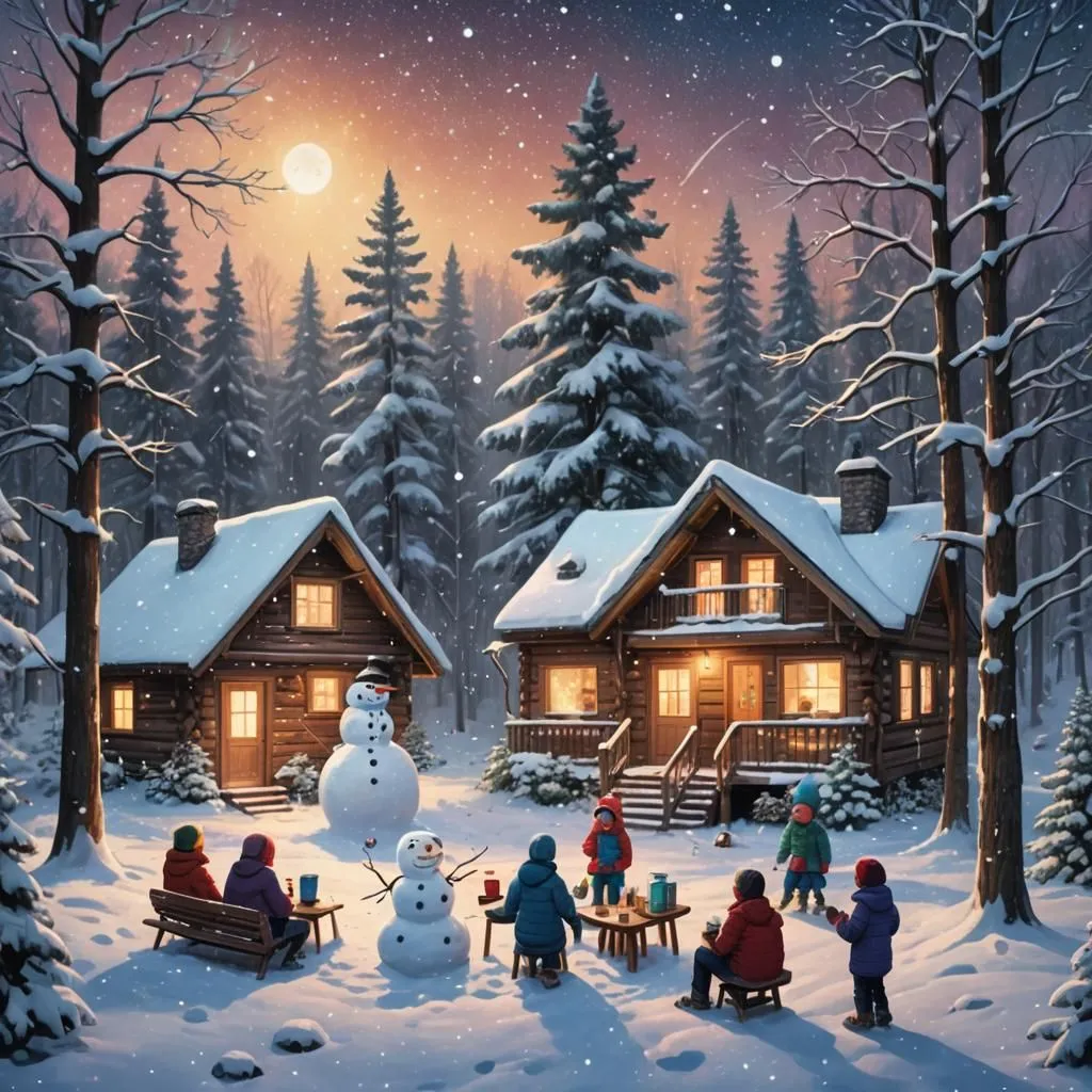 A group of children are gathered around a snowman they have built in the snowy woods. There are two cabins in the background and a full moon in the sky. The children are wearing winter clothes and are all smiling and laughing. They are having a snowball fight and one child is making a snow angel. The trees are bare and the snow is thick on the ground. The scene is peaceful and温馨的.