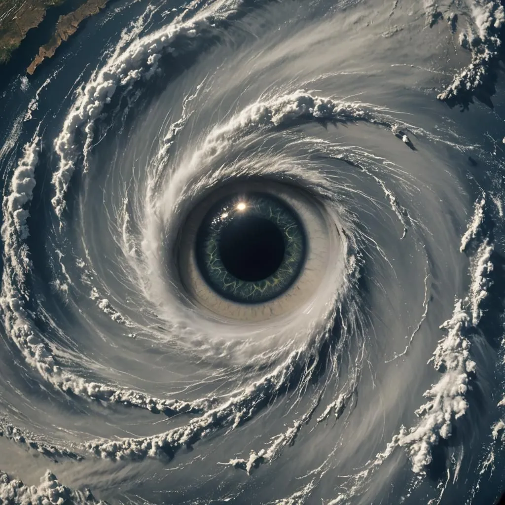 The image is an illustration of a hurricane seen from above. The eye of the hurricane is in the center of the image and is surrounded by swirling clouds. The clouds are white, gray, and black, and the eye is a light blue color. The hurricane is over the ocean, and land can be seen in the background. The image is very detailed and realistic.