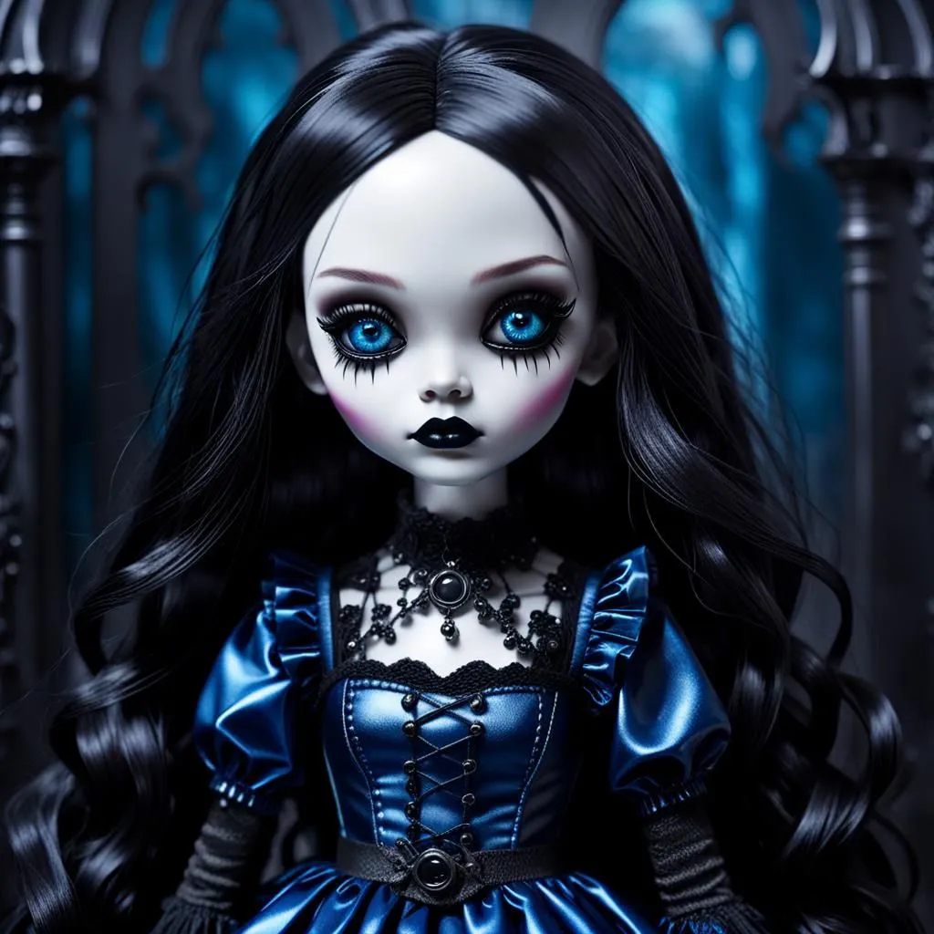 This is a picture of a doll with long black hair, blue eyes, and pale skin. She is wearing a blue dress with a black lace collar. The doll is standing in front of a dark background with a blue light shining on her.