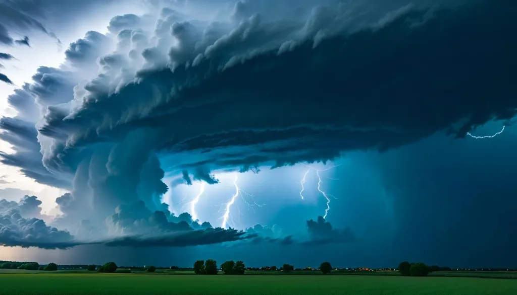 The image is a beautiful landscape of a stormy sky. The dark clouds are filled with lightning. The bolts of lightning are illuminating the sky. The storm is likely to be accompanied by heavy rain and strong winds.