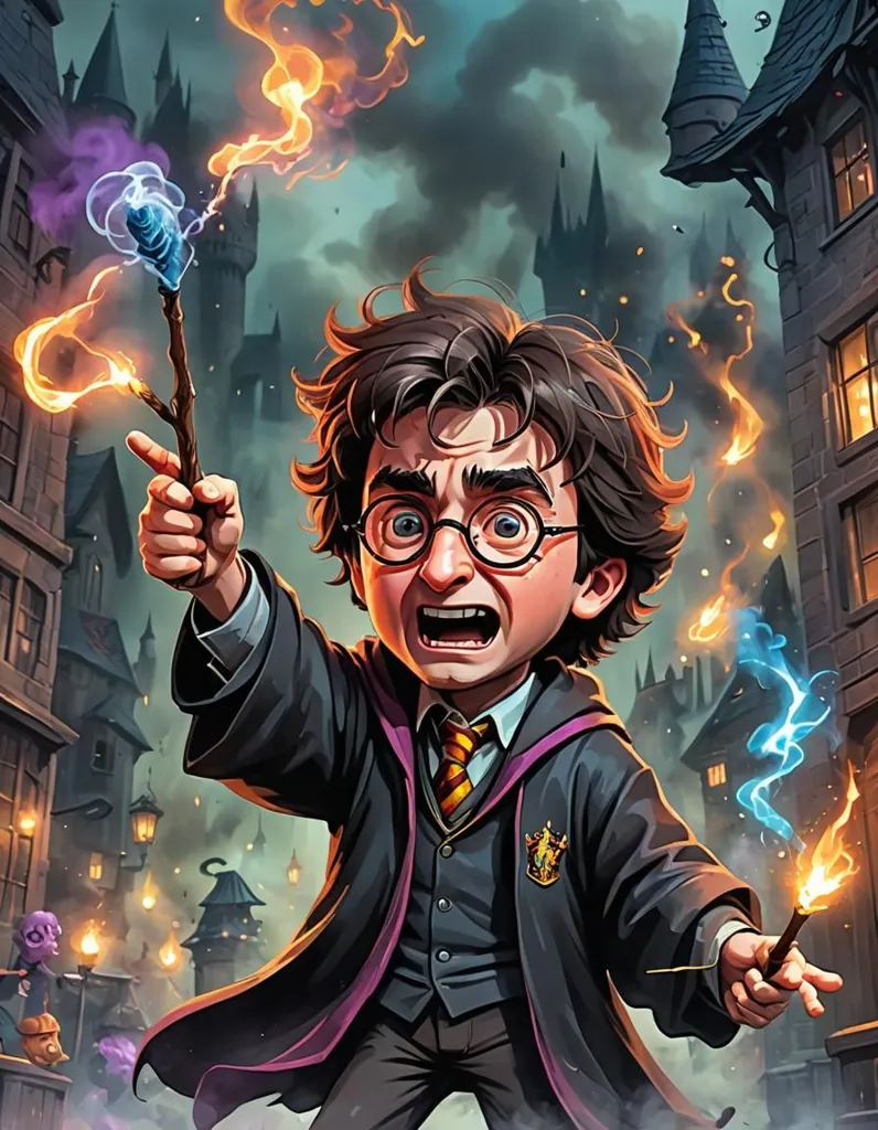 This is a picture of Harry Potter. He is a wizard and the main character in a series of books and movies. He is a student at Hogwarts School of Witchcraft and Wizardry. He is a Gryffindor, which is one of the four houses at Hogwarts. He is a talented wizard and has a wand in his hand. He is wearing his school uniform. He is in a dark place and there are flames all around him. He is probably fighting someone or something.