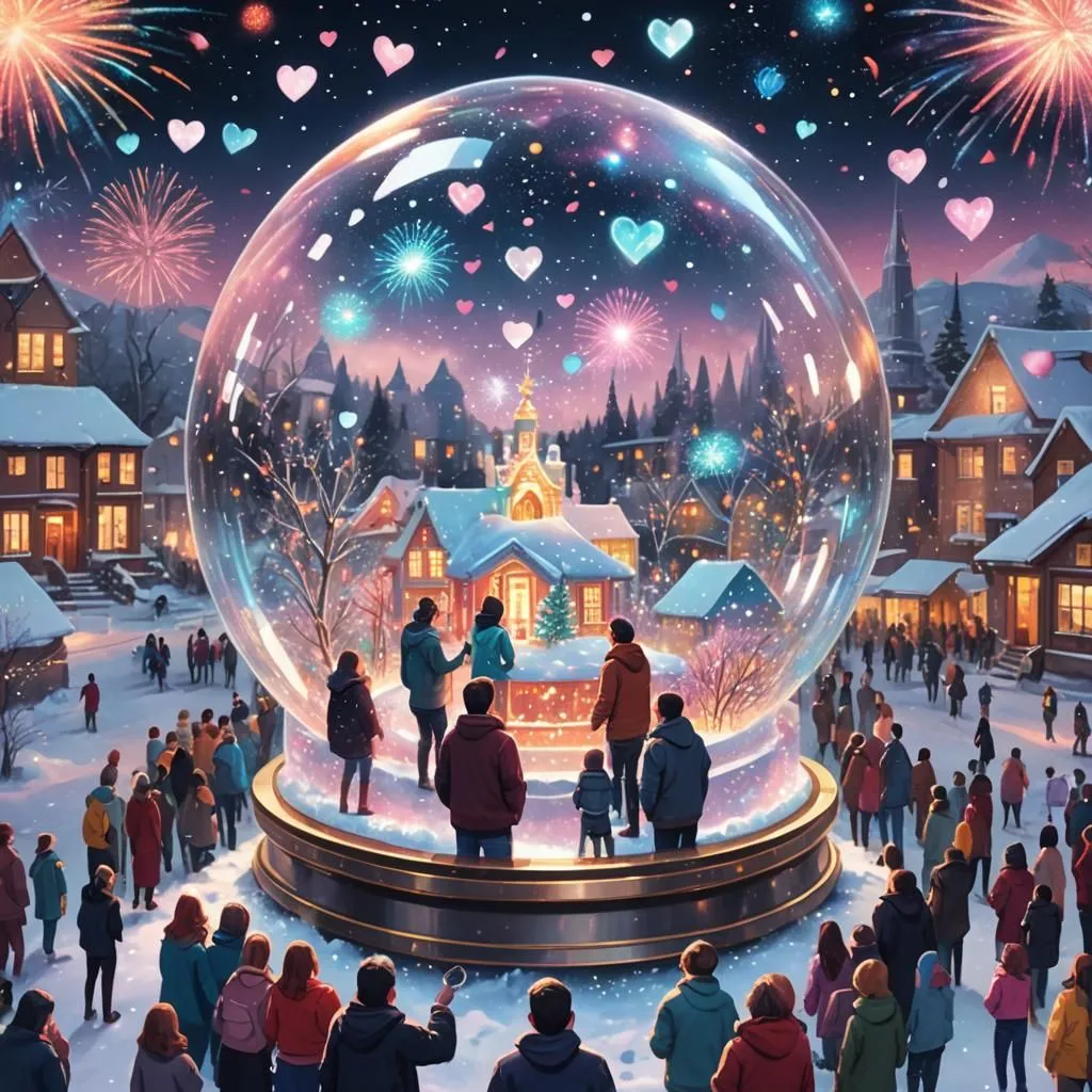 It's a beautiful winter scene with a snow-covered town and a large Christmas tree in the center. There are people ice skating, sledding, and building snowmen. The sky is filled with fireworks and there is a large crowd of people gathered around the tree, watching the fireworks. There is a big transparent ball in the center. The people are wearing warm clothes and look happy and festive. The scene is very peaceful and讓人感到溫馨.