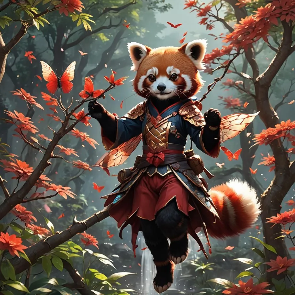 A red panda, dressed in a samurai outfit, is leaping through a forest. The panda is surrounded by red and orange leaves and butterflies. The panda is wearing a blue and gold vest, a red sash, and a pair of samurai pants. The panda is also wearing a pair of butterfly wings. The panda is carrying a sword in its right hand and a scroll in its left hand. The panda is surrounded by a group of butterflies. The butterflies are red, orange, and yellow. The panda is leaping towards the viewer.