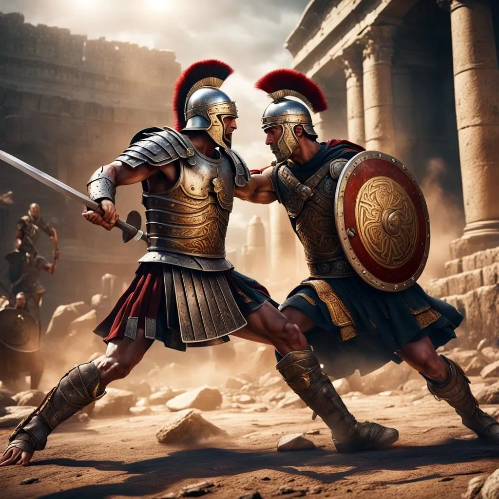 In the midst of an ancient battlefield, two valiant warriors engage in a fierce duel. Their muscular physiques are adorned in gleaming armor, and their faces are contorted with determination. The clash of their weapons echoes through the air as they exchange blows with swords and shields. The surrounding ruins of a once-great city bear witness to the intensity of their struggle, as they fight for glory, honor, and survival.