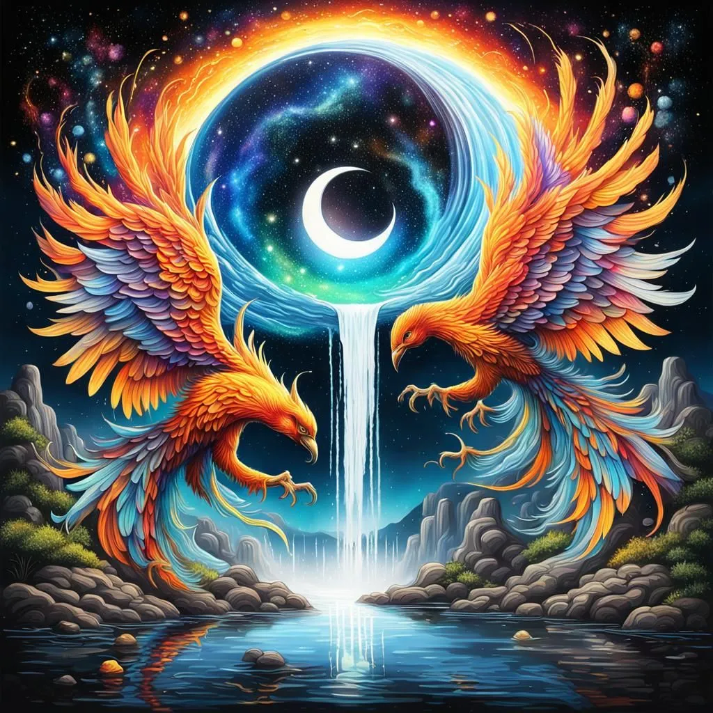 The image is a depiction of two phoenixes, one blue and one orange, flying towards each other in front of a waterfall. The waterfall is surrounded by a rainbow. The background is a night sky with stars and a crescent moon. The phoenixes are both depicted with their wings spread wide and their tails trailing behind them. They are both looking at each other with their eyes wide open. The image is full of vibrant colors and has a very surreal feel to it.