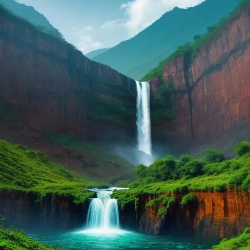 The waterfall is located in a valley between two cliffs. The water is falling from a height of about 100 meters. The waterfall is surrounded by lush green vegetation. The cliffs are made of red and brown rocks. The water is crystal clear and blue-green. The waterfall is a popular tourist destination.