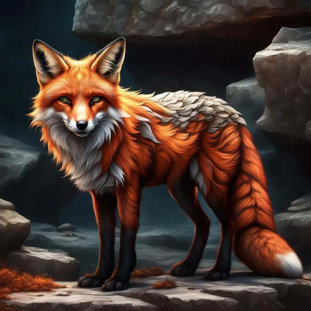 A majestic red fox stands tall on a rocky outcropping, its vibrant fur contrasting with the gray stones. The fox's eyes are a piercing green, and its ears are perked up, alert to any sound. Its tail is long and bushy, with a white tip that curls upwards. The fox's body is covered in a thick layer of fur, which protects it from the cold. Its legs are strong and muscular, and its paws are equipped with sharp claws. The fox is a solitary animal, and it spends most of its time hunting for food. It is a skilled hunter, and its diet consists of small rodents, rabbits, and birds. The fox is also a very adaptable animal, and it can survive in a variety of habitats. It is found in forests, grasslands, and even deserts. The fox is a beautiful and fascinating animal, and it is a symbol of cunning and intelligence.