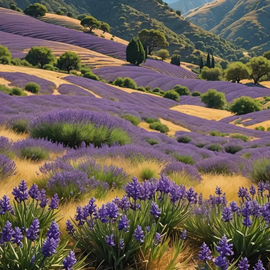 The image shows a field of lavender in bloom. The lavender is planted in rows, and the rows are separated by narrow paths. The field is surrounded by hills, and there are trees in the distance. The sky is blue, and the sun is shining. The image is peaceful and relaxing.