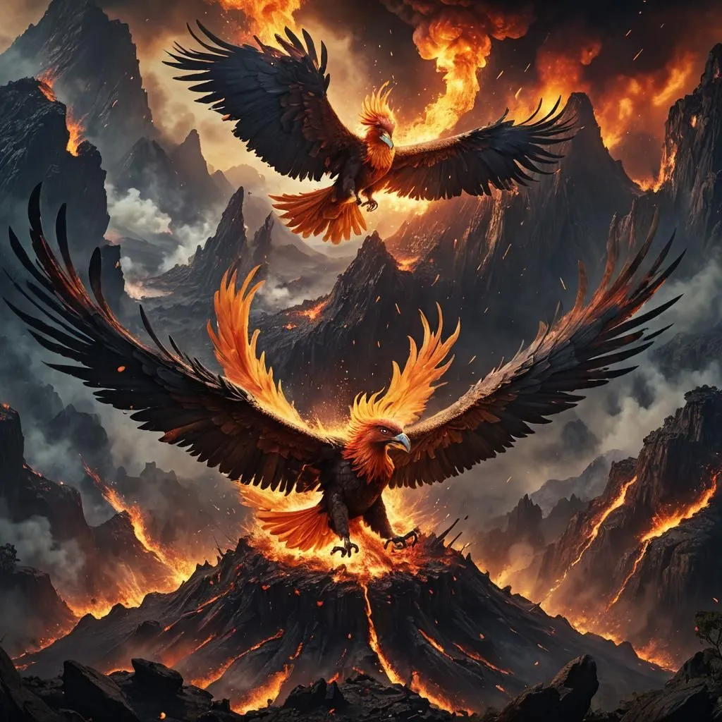 A pair of phoenixes are flying over a volcanic landscape. The phoenixes are both orange and yellow, with long, flowing tails. The male phoenix is on the left, the female is on the right. The background is a dark, stormy sky, with mountains in the distance. The phoenixes are both flying towards the viewer, and they are both surrounded by flames. The painting is both beautiful and powerful, and it captures the essence of the phoenix as a symbol of hope and renewal.