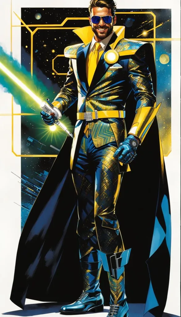 The man in the picture is wearing a yellow and blue suit with a cape. He has a gun in his hand and there is a city and stars in the background. He looks like a superhero.