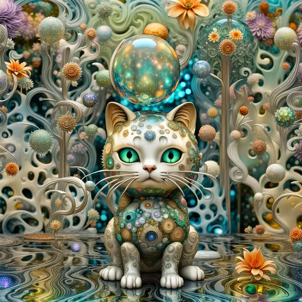 This is a digital painting of a cat. It is sitting in a surreal landscape with colorful plants and flowers. The cat has a small, glowing orb above its head. The painting has a dreamlike quality and seems to depict a magical or enchanted world.