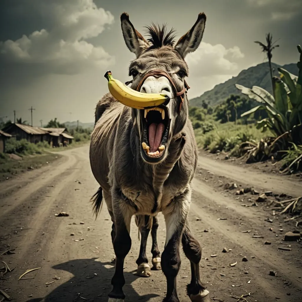 The image shows a donkey standing in a rural setting. The donkey has a banana in its mouth and is looking at the camera with its mouth wide open. The background is a dirt road with a village in the distance. The donkey is wearing a bridle.