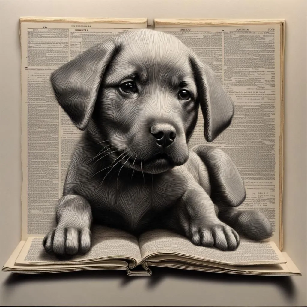 The image is a black and white drawing of a puppy dog. It is laying on a book, looking up at the viewer with its head cocked to one side. The book is opened and you can see some newsprint on the pages. The puppy's fur is short and smooth, and its eyes are dark and round. It has a small, black nose and a pink tongue. The puppy is very cute and looks like it is enjoying being read to.