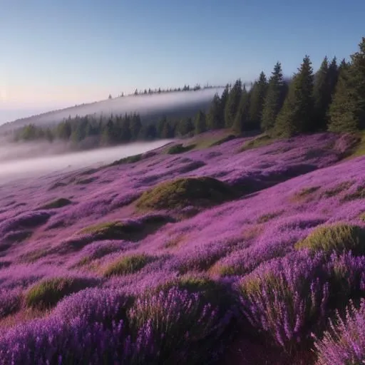 This image shows a field of lavender in bloom. The lavender is a beautiful purple color, and it is in full bloom. There are no people in the image, and the only sound is the wind blowing through the lavender. The image is very peaceful and relaxing.