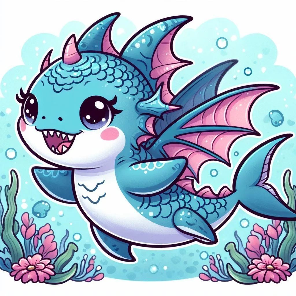 This is an illustration of a cute, cartoon shark. It has a light blue body with darker blue stripes and pink fins. It is smiling and has big, sparkly eyes. It is surrounded by pink and blue bubbles and there are some pink and blue flowers at the bottom of the picture.