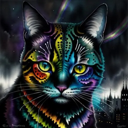 A digital painting of a cat with vibrant and saturated colors. The cat is black with rainbow-colored stripes and spots. There is a rainbow in the background and a dark city. The cat's eyes are a bright shade of green and they seem to be staring at the viewer. The painting has a dark and mysterious feel to it.