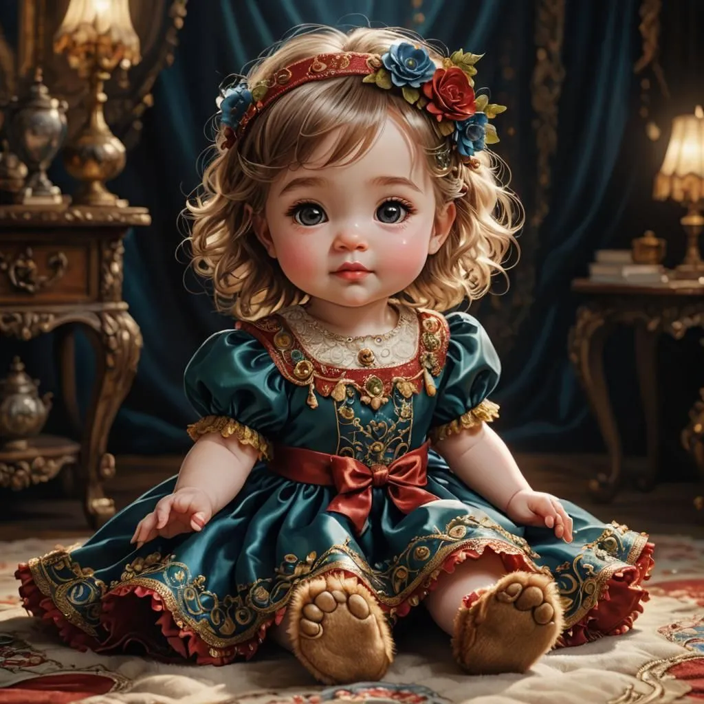 The image shows a cute little girl with blonde hair and blue eyes. She is wearing a beautiful blue dress with a red bow and has a flower crown on her head. The girl is sitting on a fluffy white rug in a luxurious room with a dark blue curtain in the background. There is a table with two lamps on it to her right. The girl has a sweet smile on her face and looks like she is about to say something.