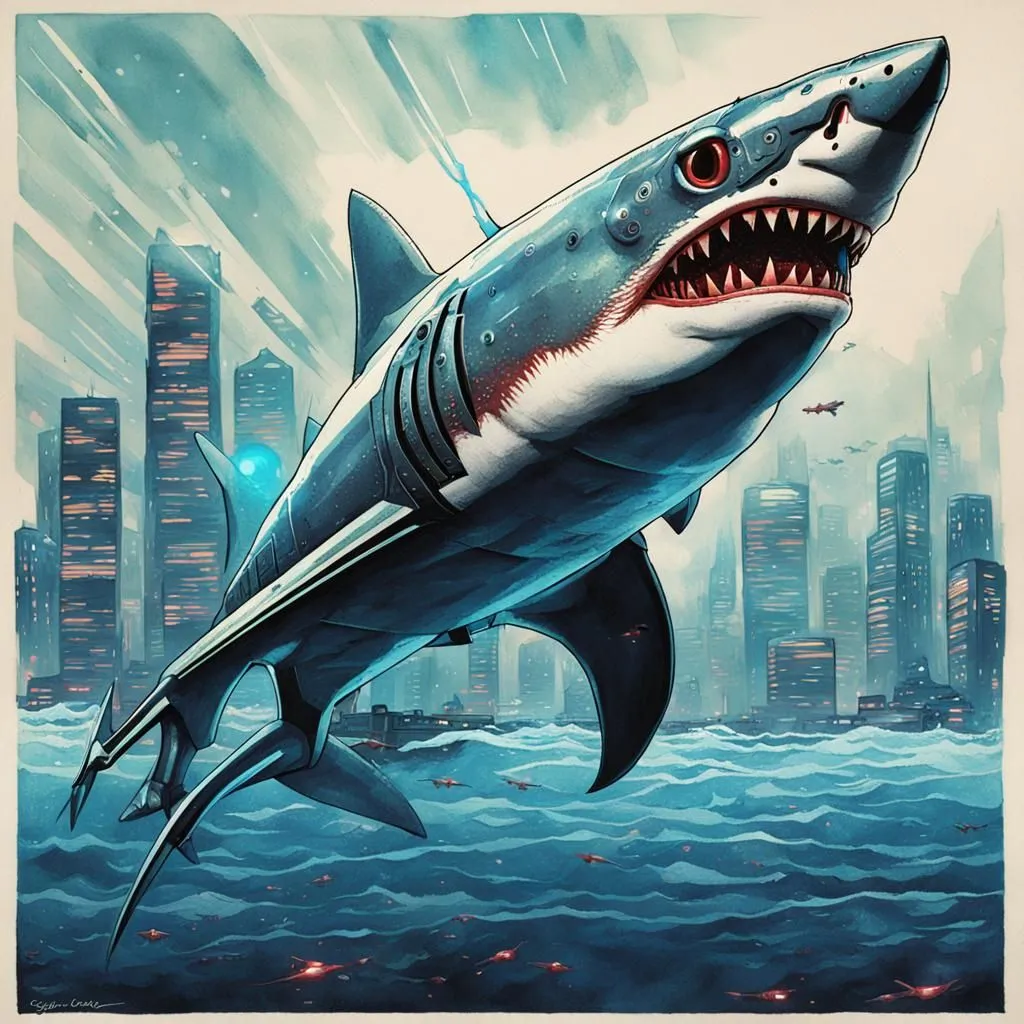 A giant, robotic shark with glowing red eyes towers over a city. The shark has a large, gaping mouth filled with sharp teeth. The shark's body is covered in metal plates, and it has a large, dorsal fin. The shark is surrounded by smaller fish, and there are buildings and skyscrapers in the background.