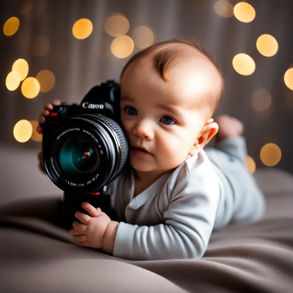 The image shows a baby photographer. The baby is lying on a soft surface, wearing a white onesie. The baby has a Canon camera lens up to his eye and is looking at the camera. The background is a soft, out-of-focus blur of light brown. The baby is in focus and is the main subject of the image.