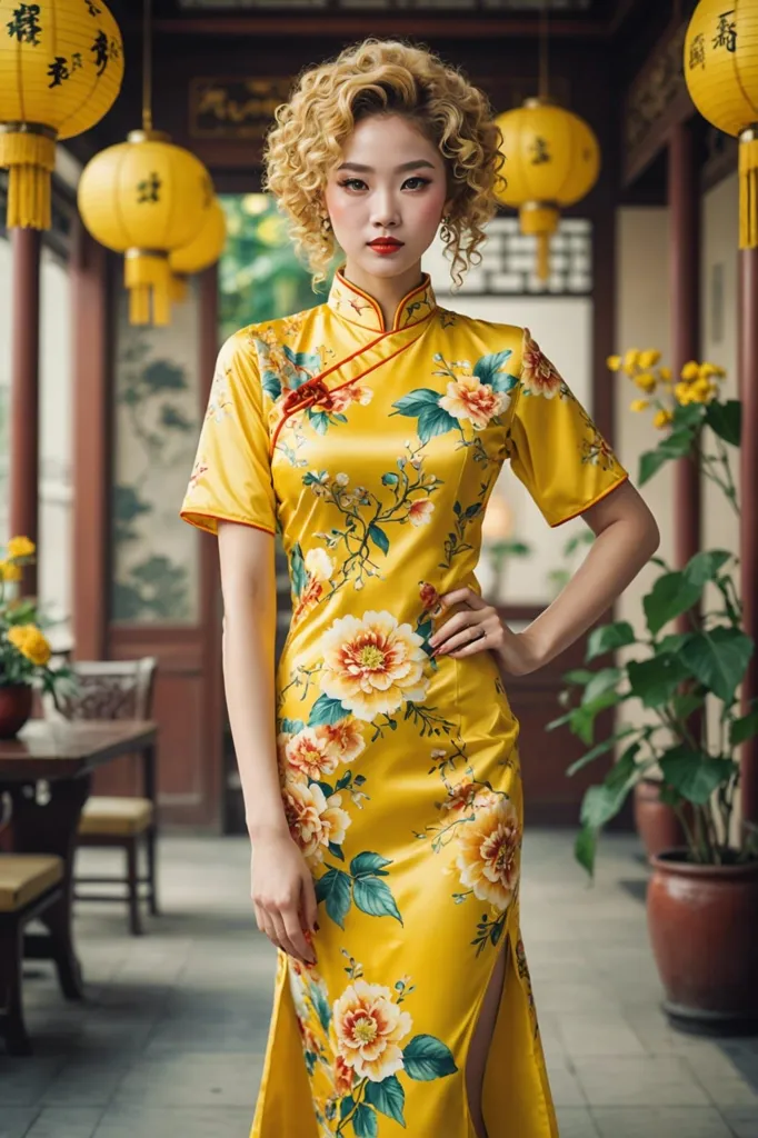 A woman is wearing a yellow cheongsam with a floral pattern. The cheongsam is a traditional Chinese dress that is typically worn for special occasions. It is made of a thin, silky fabric and is fitted to the body. The dress has a high collar and a short hemline. The woman's hair is styled in a traditional Chinese way, with a bun at the back of her head and bangs in the front. She is wearing light makeup and has a red manicure.