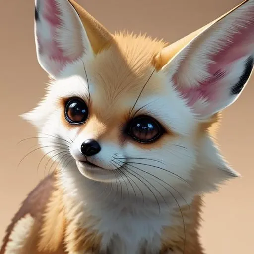 This image shows a cute cartoon animal with big ears and a long tail. It has big round eyes and a small nose. Its fur is light brown and white. It looks like a fennec fox.